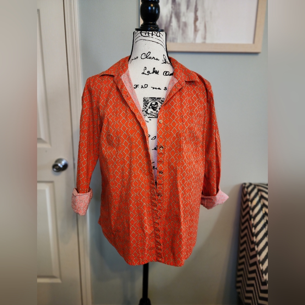 Jones New York Button Down Blouse Burnt Orange Gold Petite Large